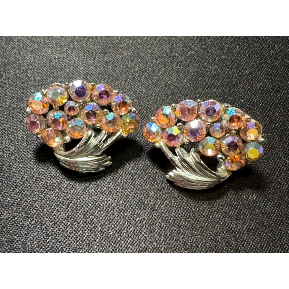 Vintage Sarah Coventry AB Rhinestone Silver Tone Bouquet Clip On Earrings